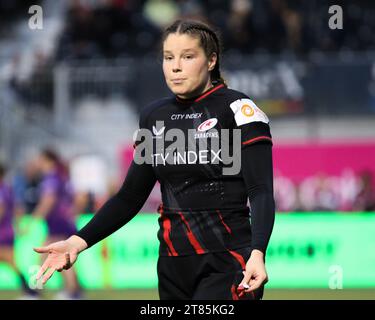 LONDON, Großbritannien – 18. NOVEMBER 2023: Jess Break während eines Premiership Women's Rugby Engagements zwischen Saracens und Loughborough Lightning im StoneX Stadium. Stockfoto