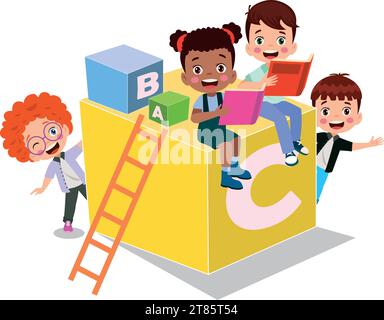Vektor-Illustration von niedlichen Kindern mit ABC-Blöcken, abc-Buchstaben Stock Vektor