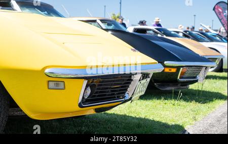 Mount Maunganui Neuseeland - 12. November 2023; All USA Car Day - Oldtimer Corvette-Kühlergrills Stockfoto