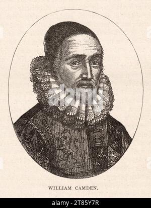 Gravur von William Camden aus dem Buch „Greater London, Volume 2“ von Cassel and Company, London 1898. William Camden (1551–1623) war ein englischer Antiquar, Historiker, Topograf und Herald, bekannt als Autor von Britannia, der ersten chorographischen Übersicht über die Inseln Großbritanniens und Irlands, und The Annales, der ersten detaillierten historischen Darstellung der Herrschaft von Elisabeth I. von England. Stockfoto