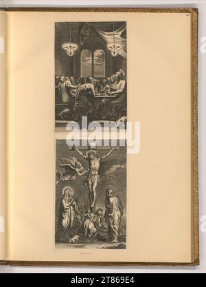 Cornelis Galle der Ältere Letztes Abendmahl; Christus am Kreuz (Buchillustration). Kupferstich um 1614 Stockfoto
