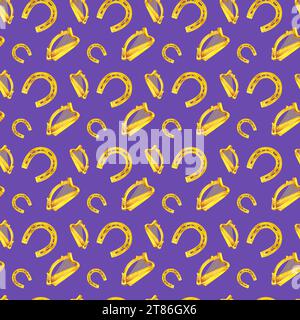 Nahtloses Aquarellmuster mit Hufeisen und Harfen. Illustrationen mit Metall und natürlicher Textur im Vintage-Stil isoliert auf lila Hintergrund. Stockfoto