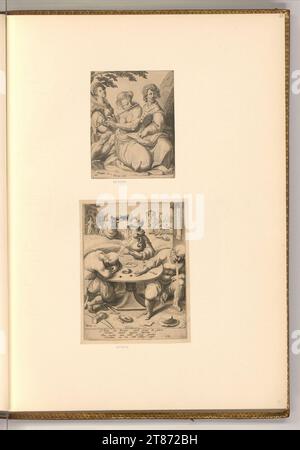 Jacob de Gheyn II (Verleger in) Flötenspieler; drei Trinker an einem Tisch. Kupferstich 1585-1629 , 1585/1629 Stockfoto