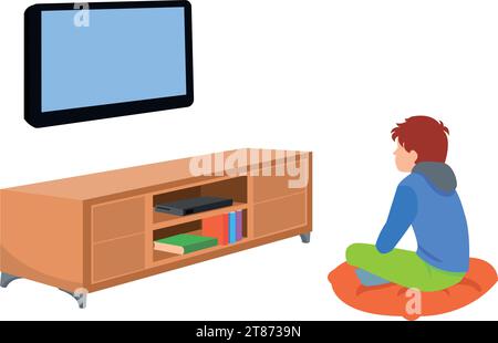 Glückliche Familie, die gemeinsam im Wohnzimmer Fernsehen sieht. Familienillustration im Cartoon-Stil Stock Vektor