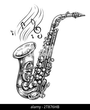 Saxophon mit Noten, Illustration. Klassische Musik, Jazzkonzerte Stockfoto