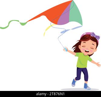 Junge, der Drachen spielt. Vektor-Illustration eines fröhlichen Jungen, der Drachen fliegt Stock Vektor