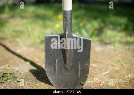 Die Schaufel steckt im Boden fest. Gartenwerkzeug. Schaufel im Garten. Aushubwerkzeug. Stockfoto