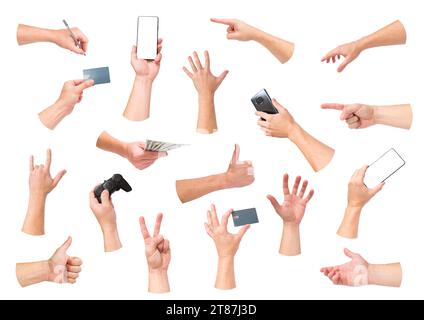 People Hand Collection Collage. Verschiedene Hände zeigen Gesten auf Objekte, halten ein Smartphone, halten Stift, Bankkarte, Geld in Händen, Gesten A Stockfoto