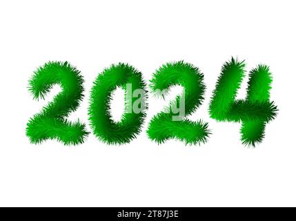 2024 Zahlen aus Tannenzweigen. Fell- oder Lametta-Effekt. Vektor-Illustration für Feiertage. Silvester-Schild. Vektorvorlage für Grußkarte, Postkarte, Stock Vektor