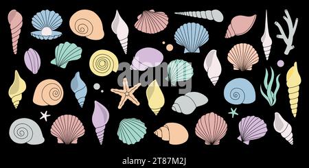 Muschelschalen. Set mit tropischen Unterwasserschalen. Süßwasseralgen, Korallen, Seesterne, Muscheln, Jakobsmuscheln, Perlen. Vektorabbildung. Stock Vektor