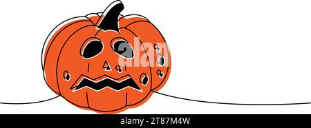 Halloween Kürbis Gruselgesicht eine Linie farbige kontinuierliche Zeichnung. Halloween Kürbisgesicht durchgehende 1-zeilige Illustration. Vektorabbildung. Stock Vektor