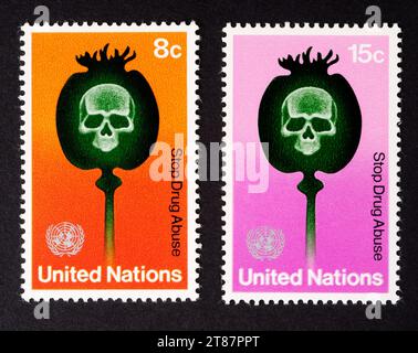 STOPPEN SIE DROGENMISSBRAUCH, DIE BRIEFMARKE DER VEREINTEN NATIONEN Stockfoto