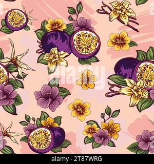Hand gezeichnete Vektor nahtlose Muster Passionsfrucht mit Blumen und Vanille mit Schoten und Blumen. Druckdesign für modische Textilien. Fruchtig modisch Stock Vektor