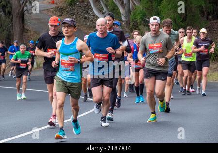 Die Teilnehmer des jährlichen Point-to-Pinnacle-Rennens fahren einen Halbmarathon vom Wrest Point Casino bis zum Gipfel des Kunanyi/Mount Wellington in Hobart, Tasmanien, 19. November 2023 Stockfoto