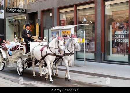 Wien, Österreich. 29. September 2023. Touristen, die eine Fahrt in der eleganten weißen Pferdekutsche in der Altstadt machen Stockfoto