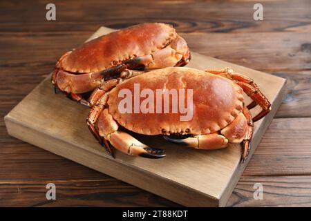 Zwei köstliche gekochte Krabben auf Holztisch Stockfoto