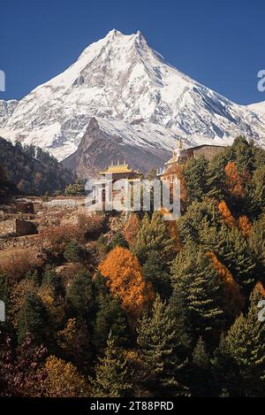 Kloster in Lho mit dem Gipfel des Manaslu, dem achtthöchsten Gipfel der Welt, im Hintergrund Stockfoto