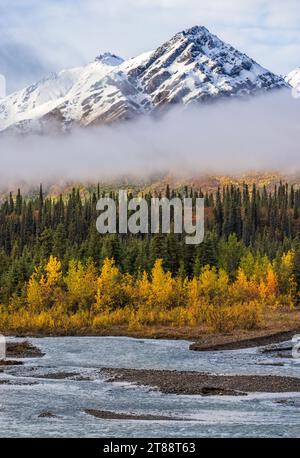 Die Jahreszeiten treffen im Denali-Nationalpark aufeinander, wobei sich Herbstfarbe, Nebel und Schnee über dem Fluss im Denali-Nationalpark, Alaska, treffen. Stockfoto