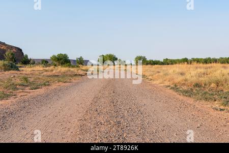 Eine leere, unbefestigte Straße biegt sich in der Nähe von roten Felswänden in der Hochwüstenlandschaft aus dem Blickfeld. Stockfoto