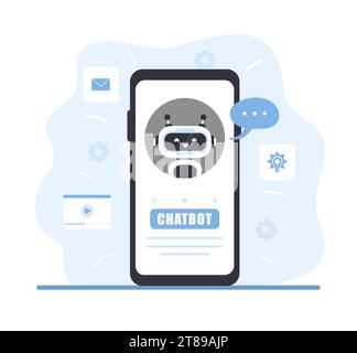 Roboter-Chatbot auf dem Smartphone-Bildschirm. AI-Geschäftsassistent. Online-Kundensupport und häufig gestellte Fragen. Technik der künstlichen Intelligenz. Helpdesk-Plattform Stock Vektor