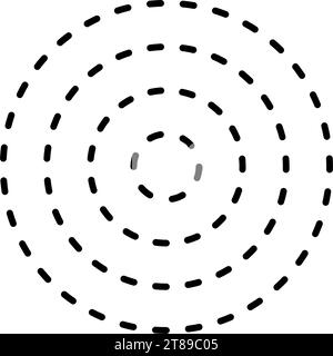 Symbol für gestrichelten konzentrischen Kreis. Schwarz-weiß gebrochene runde Ringe. Schallwelle, Radar, Ziel. Gepunktete Rundlinien. Abstrakte Schwarzweiß-Grafik Stock Vektor