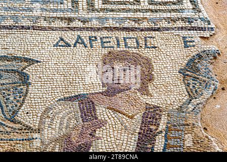 Mosaikporträt des Schiedsrichters der Gladiatorenturniere, Ende des 3. Jahrhunderts n. Chr., Haus der Gladiatoren. Kourion. (Cypus). Bildunterschrift: Name des Schiedsrichters Stockfoto