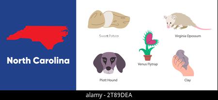 North Carolina status des Symbols Objekt der venus fleischfressenden Fliegenfalle plott Hound virginia opossum Amerika Land Karte Illustration Stock Vektor