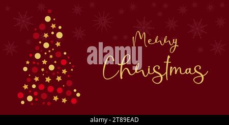 Geschmückter Weihnachtsbaum auf dunklem Hintergrund. Weihnachtsbaum aus bunten Kugeln und Sternen. Design Postkartenflyer, Gutschein. Konzepturlaub. Vektorabbildung. Stock Vektor