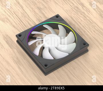Computerventilator mit rgb-Beleuchtung auf Holztisch Stockfoto