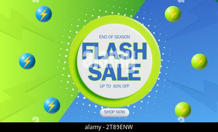 Flash Sale Shopping Poster oder Banner mit Flash-Symbol und 3D-Text auf blauem und grünem Hintergrund. Flash Sales Banner Template Design für soziale Medien. Stock Vektor
