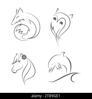 Line Art Logo von vier Tieren Stock Vektor