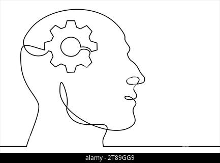 Kopf eines Mannes mit Zahnrädern, gezeichnet in einer Zeile auf weißem Hintergrund. Einzeilige Zeichnung. Durchgehende Linie. Vektor Stock Vektor