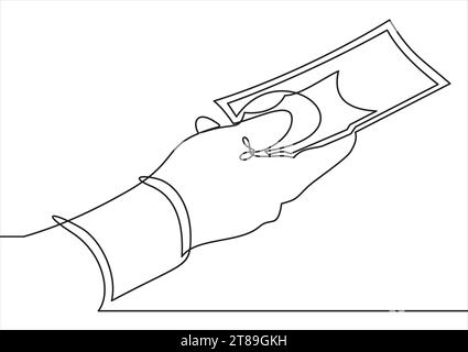 Zahlung mit Geld, Kauf oder Kauf von Waren.Vektor kontinuierliche Linie. Stock Vektor