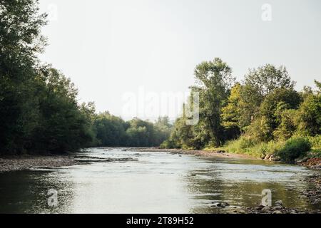 Großer Fluss zwischen grünen Bäumen im Wald Wandertour Stockfoto