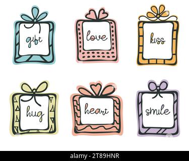 Set mit niedlichen dekorativen Rahmen. Handgezeichnete Doodle-Linie, Tintenfleck Pinsel-Strichkollektion, quadratische, isolierte Rechteckformen für Geschenkkarten Stock Vektor