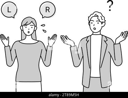 Englische Unterhaltung, japanische Frau kämpft mit der englischen Aussprache von 'l' und 'r' für kaukasische Männer, Vektor-Illustration Stock Vektor
