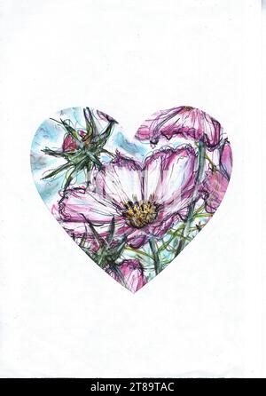 Eine farbige Illustration des Kosmos in Herzform auf weißem Hintergrund. Stockfoto