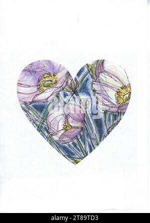 Eine farbige Illustration pjapanischer Anemonen in Form eines Herzens auf weißem Hintergrund. Stockfoto