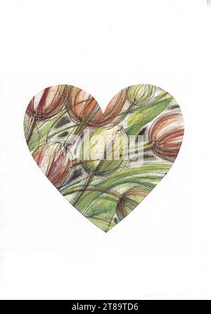 Eine farbige Illustration von Tulpen in Herzform auf weißem Hintergrund. Stockfoto