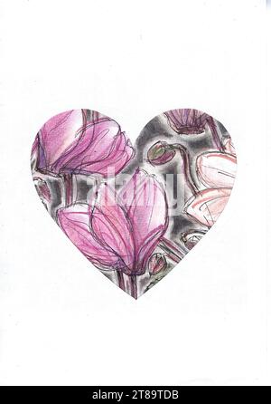 Eine farbige Illustration von rosa Cyclamen in Herzform auf weißem Hintergrund. Stockfoto
