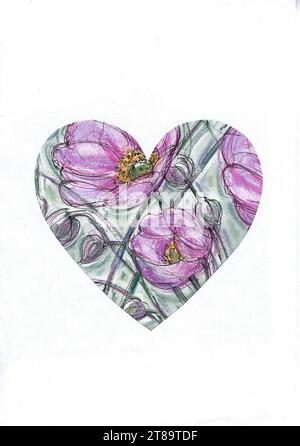 Eine farbige Illustration pjapanischer Anemonen in Form eines Herzens auf weißem Hintergrund. Stockfoto