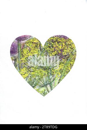 Eine farbige Illustration von Dill in Herzform auf weißem Hintergrund. Stockfoto