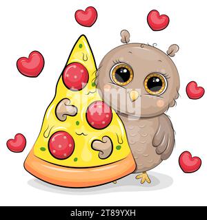 Niedliche Karikatureule mit einem großen Stück Pizza. Vektorillustration eines Tieres auf weißem Hintergrund mit roten Herzen. Stock Vektor