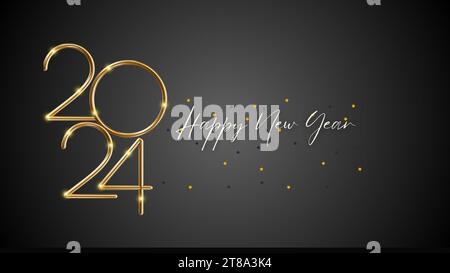 Frohes Neues Jahr 2024. Realistische Goldfolienbeschriftung isoliert auf schwarzem Hintergrund mit Feuerwerk. Neujahrsgrußkarte. Vektorabbildungsbild. Stock Vektor