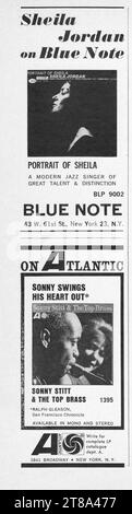 Jazzwerbung eines Musikmagazins der frühen 1960er Jahre für eine Blue Note LP der Sheila Jordan und eine Atlantic LP des Altsaxophonisten Sonny Stitt. Stockfoto