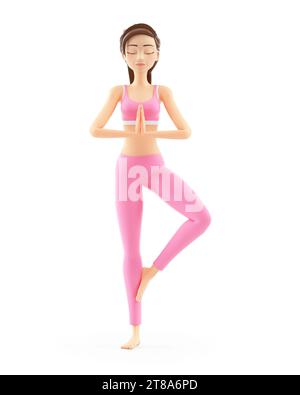 3D sportliche Frau in Yoga-Baum-Pose, Illustration isoliert auf weißem Hintergrund Stockfoto