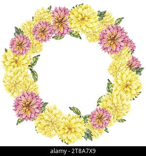 Blumenkranz mit Dahlien, Aquarellillustration für Karten, Hintergründe. Aquarellabbildung für Scrapbooking. Handgezeichneter Hintergrund mit Flowe Stockfoto