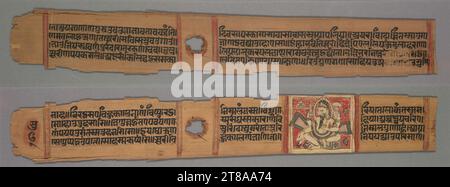 Folio from a Kalpa-Sutra and Story of Kalakacharya of Devachandra: Text (recto); Brahmanshanti Yaksha (verso), 1279. Westindien, Gujarat, 13. Jahrhundert. Gummitempera und Tinte auf Palmblatt; insgesamt 5,1 x 34,8 cm (2 x 11/16 Zoll). Stockfoto