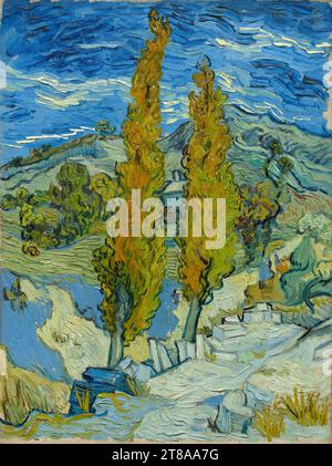 Van Gogh malte diese herbstliche Landschaft, während er in einem Anstalt in der Nähe von Saint-Rémy in Südfrankreich interniert war. Obwohl er sich zunächst auf das Malen in seinem Zimmer beschränkte, arbeitete er bald wieder im Freien. Dieses Gemälde zeigt die volle Kraft seines Reifen Stils. Bäume verdrehen sich und lehnen sich gegen einen dunkleren Himmel, während die intensiven Farben mit aufgeladenen Pinselstrichen seine emotionale Reaktion auf das Motiv zum Ausdruck bringen. Zwei Pappeln in den Alpilles bei Saint-Rémy, 1889. Vincent van Gogh (Niederländisch, 1853–1890). Öl auf Stoff; gerahmt: 81 x 66,7 x 7,3 cm (31 7/8 x 26 1/4 x 2 7/8 Zoll); ungerahmt: 61,6 x 45,7 cm (24 1/4 x 1 Stockfoto