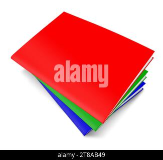Leere Vorlage für drei Magazine in Rot, Grün und Blau (RGB) für Präsentationslayouts und Design. 3D-Rendering. Digital Generiertes Bild. Isoliert auf Wi Stockfoto